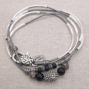 Lizzy James Silver & Platinum Leather Rhinestone Bead Bracelet
